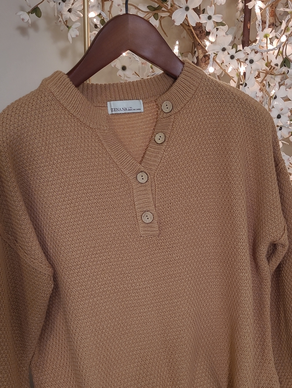 Tan Knit Henley Sweater - Picture 2 of 3